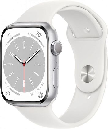 картинка Apple Watch Series 8, 45 мм, корпус серебристого цвета, ремешок белого цвета, размер M/L от маркетплейса TEMA.shop 1