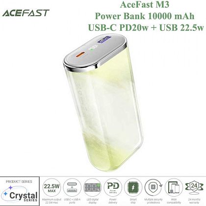 картинка AceFast M3 Sparkling series 22.5W Power Bank 10000 mAh, USB-C PD20W + USB 22.5W, LED display, желтый от маркетплейса TEMA.shop 1