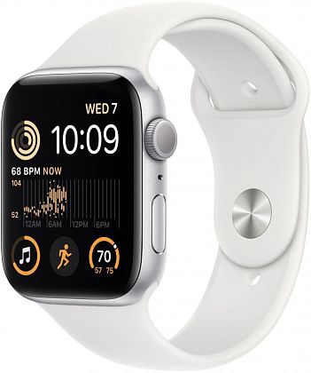картинка Apple Watch SE 2022, 44 мм, корпус серебристого цвета, ремешок белого цвета, размер M/L от маркетплейса TEMA.shop 1