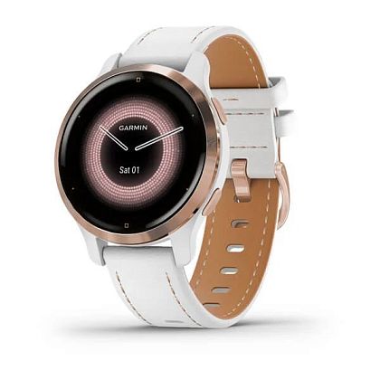 картинка Garmin Venu 2S, 40.4 мм, корпус и ремешок белого цвета кожанный, безель розове золото от маркетплейса TEMA.shop 1